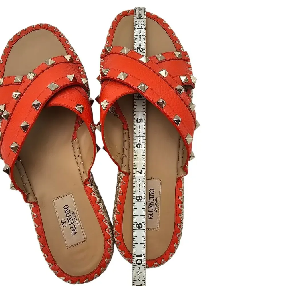 Valentino Garavani Rockstud Flat Slide Espadrille Sandal Orange Size 39 US 9